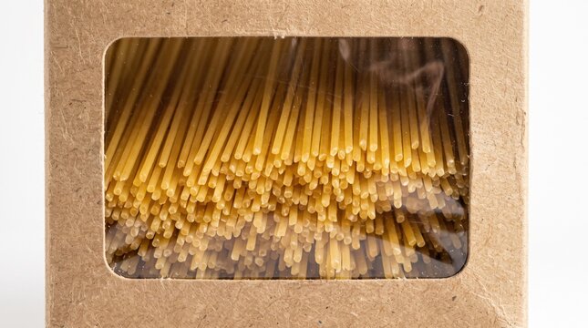 Uncooked spaghetti pasta packaged inside a brown cardboard box with a transparent plastic viewing window against bright studio background.