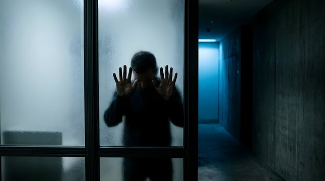 Silhouette of man standing behind frosted glass door in dark hallway