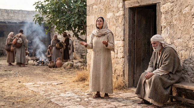 Hannah prays silently at the doorway of the sanctuary at Shiloh while the priest Eli watches, photorealistic depiction of the Old Testament story