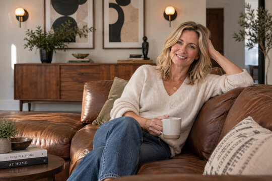 Happy, thinking and relax on sofa with woman, vision and daydreaming for weekend unwind. Smile, mature person and comfortable at house with reflection, nostalgia memory and chilling for stress relief