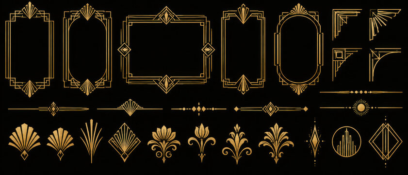Art Deco decorative elements set. Vector gold geometric frames, borders, corners, floral ornaments and vintage line decorations on black background for luxury invitations and branding