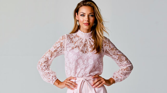 A woman with blonde hair wearing a pink lace top and pink skirt posing with her hands on her hips