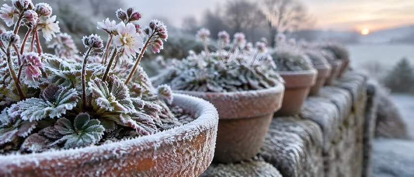 Frost dusting a row of tiny terracotta pots of saxifrage along a stone garden wall top at dawn
