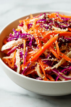 Fresh coleslaw salad with shredded red and white cabbage, julienne carrots, and sesame seeds in a white bowl. Healthy vibrant vegetarian food close up.