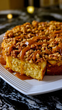 A close-up of a slice of caramel apple pie on a white plate