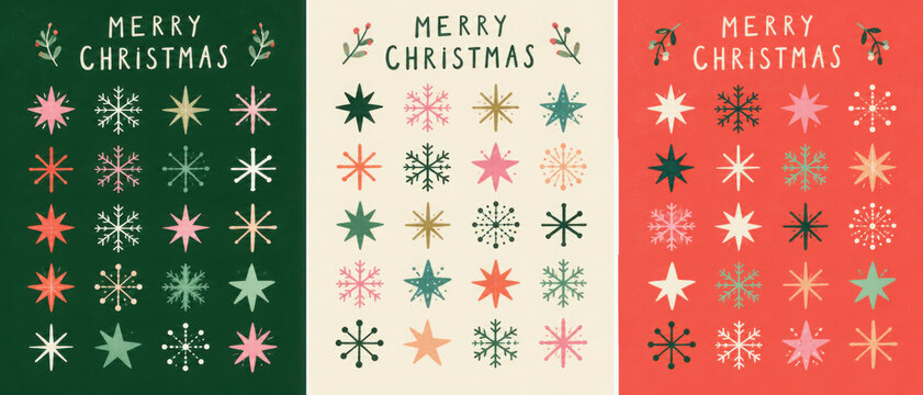 Colorful hand drawn Merry Christmas background. Greeting card and poster vector templates with decorative grid made from stars and snowflakes doodles