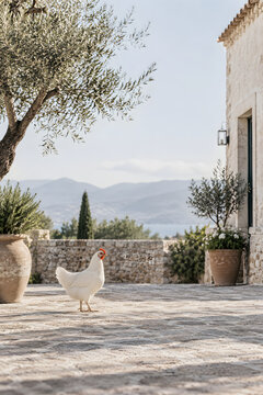White chicken standing on a sunlit stone courtyard in a Mediterranean rural setting, surrounded by rustic architecture, olive trees and distant mountains, with generous copy space.