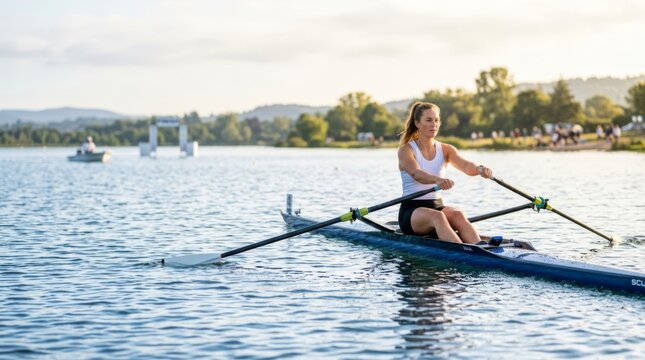 Woman rowing scull boat towards finish line on calm lake during sunrise, inspiring athletic achievement and competition