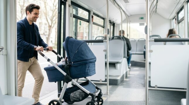 Father pushing baby stroller onto modern city bus, navigating daily commute with modern convenience