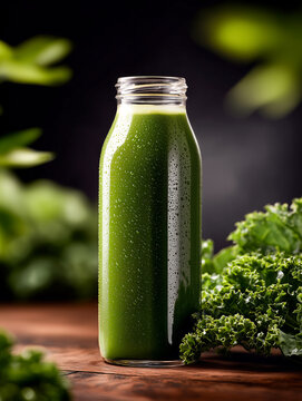 A chilled glass bottle filled with fresh green smoothie sits on a wooden table, surrounded by kale leaves and covered in condensation droplets.