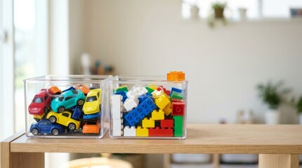 Fototapeta premium Brightly colored toy cars and building blocks organized in clear storage bins on a wooden shelf, offering clean copy space for marketing.