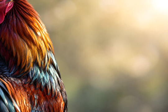 Close-up of iridescent rooster feathers glowing in warm sunlight, showcasing rich copper, gold and blue plumage with elegant side cropping and generous copy space.