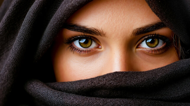 A close-up of a woman's face partially covered by a black fabric with her eyes looking directly at the camera