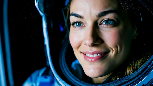 A woman with blue eyes and a smile wearing a space suit helmet