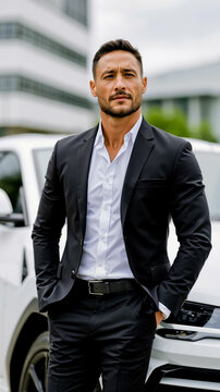 A man in a suit and tie poses confidently in front of a white car