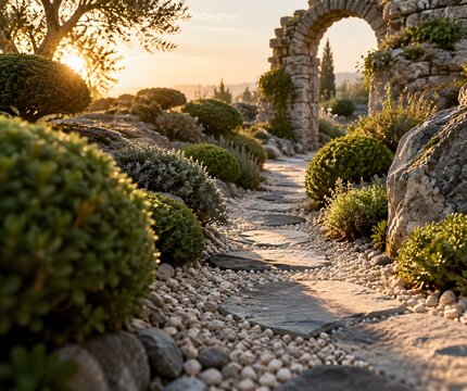 Tiny flagstone path winding between clipped miniature shrubs and a ruined stone arch