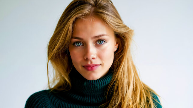 A woman with blonde hair and blue eyes wearing a green sweater