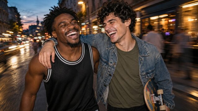 Two Young Male Friends Laughing Together with a Skateboard on a City Street at Dusk