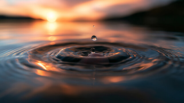Water Droplet Falling on Lake Surface at Sunset