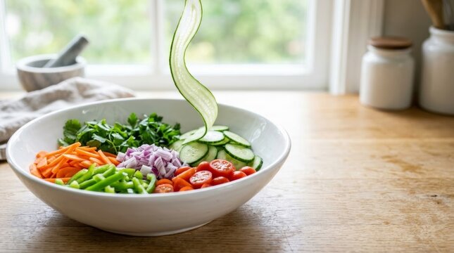 Freshly chopped raw vegetables artfully arranged in a white bowl for a healthy meal prep or culinary inspiration, bright kitchen counter setting