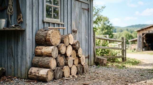 Stacked firewood by rustic shed with axe, copy space for messaging, outdoor woodshop scene