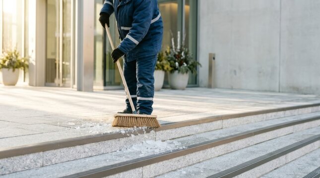 Frontline worker sweeps ice shards from modern building steps in early morning light, offering ample copy space.