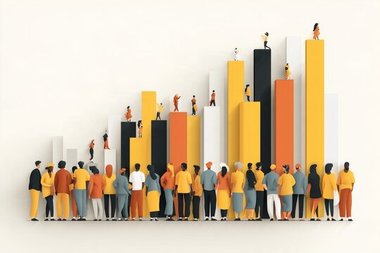 A crowd standing in columns of increasing height forming a bar chart, population growth and statistics concept, flat vector illustration