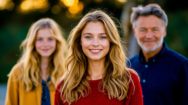 A young woman with blonde hair smiling at the camera flanked by two other individuals