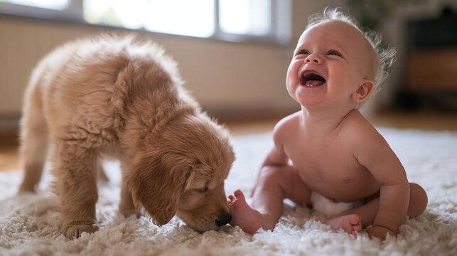Cheerful Baby Laughing While Playing with Puppy at Home