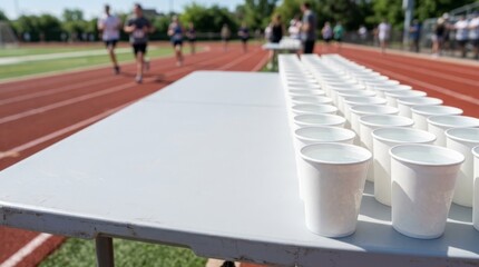 Fototapeta premium Rows of water cups on a table at a running track with blurred athletes in background, offering hydration and refreshment