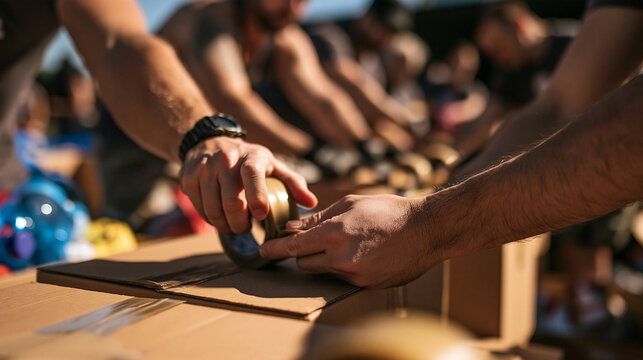 Volunteers Taping Cardboard Boxes for Humanitarian Aid Donation