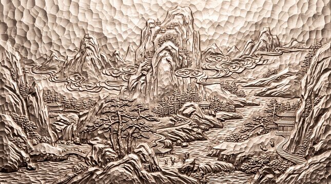 Traditional Chinese Mountain Landscape Relief Wood Carving