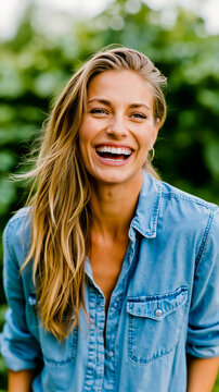 A woman with long blonde hair is smiling and laughing wearing a blue denim shirt