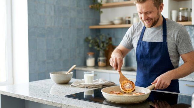 Man cooking homemade cottage cheese pancakes in a modern kitchen with granite countertops and blue tile backsplash