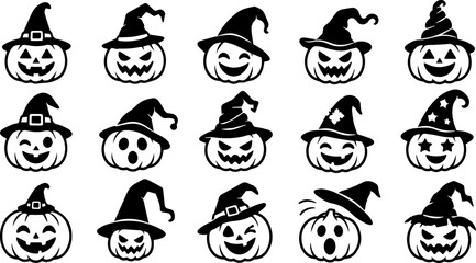 Fototapeta premium Jack o lantern pumpkins wearing witch hats icon set for Halloween