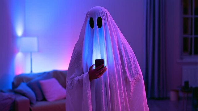 Person completely covered in a flowing white sheet ghost costume with large black eye holes, holding a smartphone in a playful modern Halloween portrait.