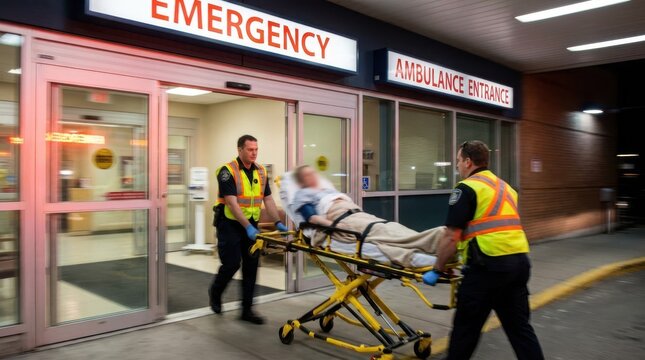Emergency medical technicians transporting an injured patient on a stretcher to the hospital entranc