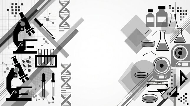 Symmetry science concept with laboratory microscopes dna strands and chemical molecules.