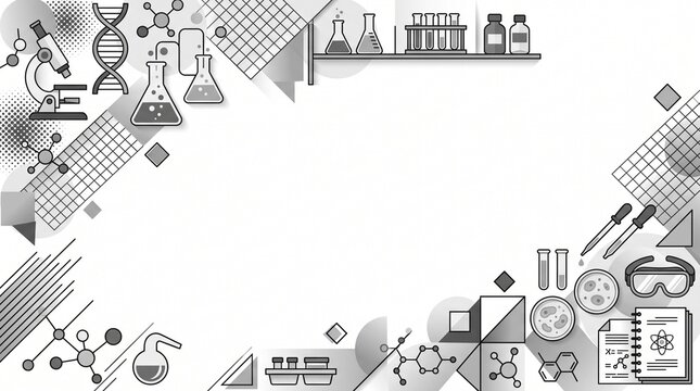Decorative science border featuring lab equipment hand drawn icons and grid paper art.