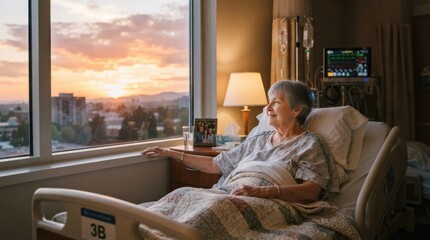 Obraz premium elderly woman sitting in a hospital bed looking out the window at a sunset cityscape with calm repos
