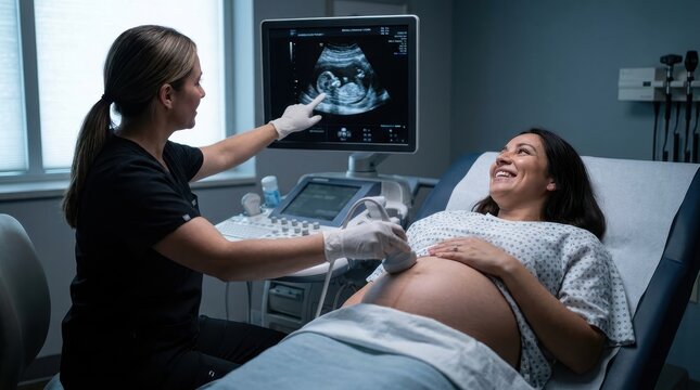 pregnant woman undergoing medical ultrasound examination with doctor in a modern clinic consultation