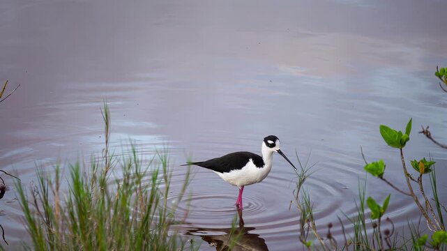 Black-necked stilt wading through calm shallow water in a natural wetland habitat environment