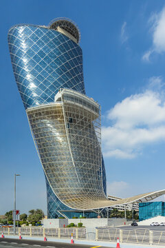 Capital Gate tower dominates a roadside view in Abu Dhabi