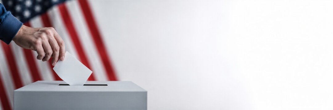Voter placing a ballot into a ballot box. American flag frames the election setting with copy space. Civic participation and midterm voting concept. Banner with copy space