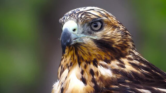 Close up portrait of a red-tailed hawk with sharp focus on its intense eyes and feathered head
