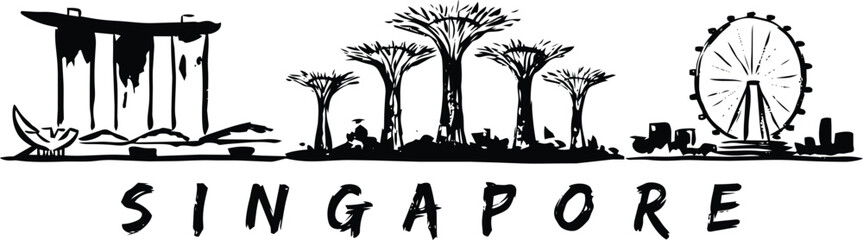 Singapore skyline illustration with Marina Bay Sands, Supertrees and the Singapore Flyer in black ink brush stroke theme © MC Creative