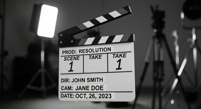 Film clapperboard on movie set with studio lights and camera tripod in black and white cinematography production