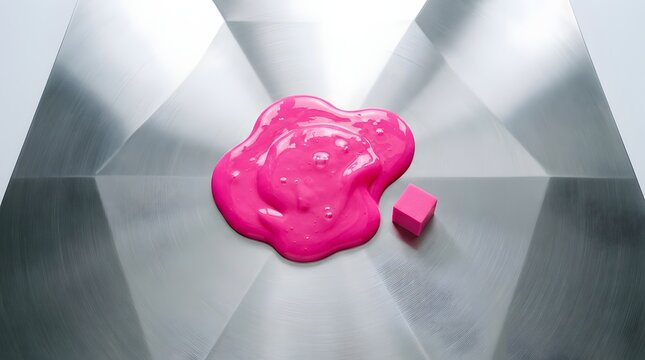 Pink slime puddle with small square block on metallic faceted surface