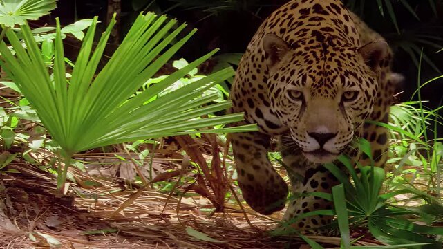 A majestic jaguar prowls through the dense green foliage of a tropical rainforest habitat