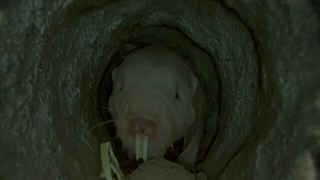 Naked mole-rat exploring a dark underground tunnel in its natural subterranean habitat environment
